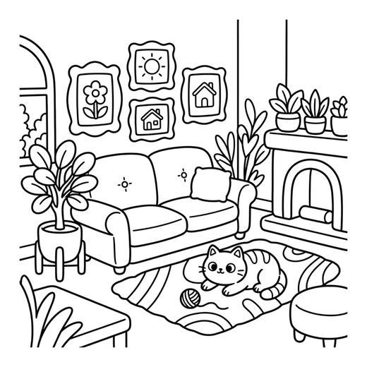 A cozy living room with a sleeping cat, plants and a fireplace