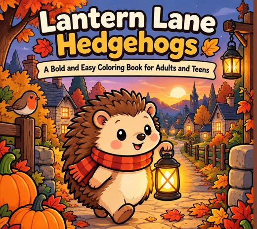 Front cover of Lantern Lane Hedgehogs: a hedgehog in a red scarf carrying a lantern down an autumn lane
