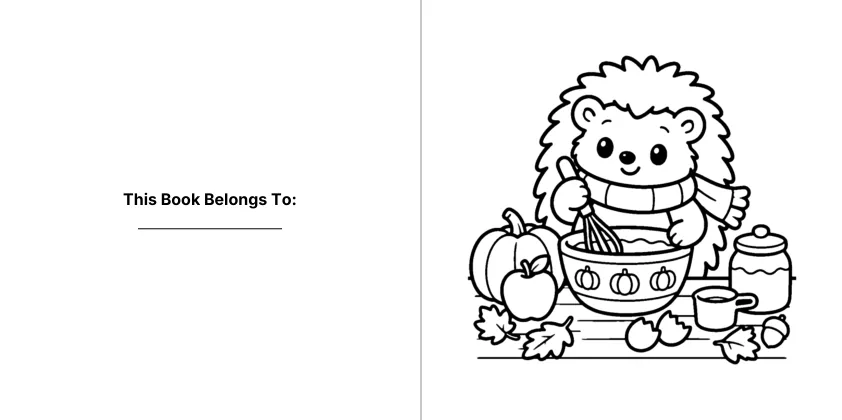 A two-page spread from the exported PDF: the This Book Belongs To page next to the first coloring page