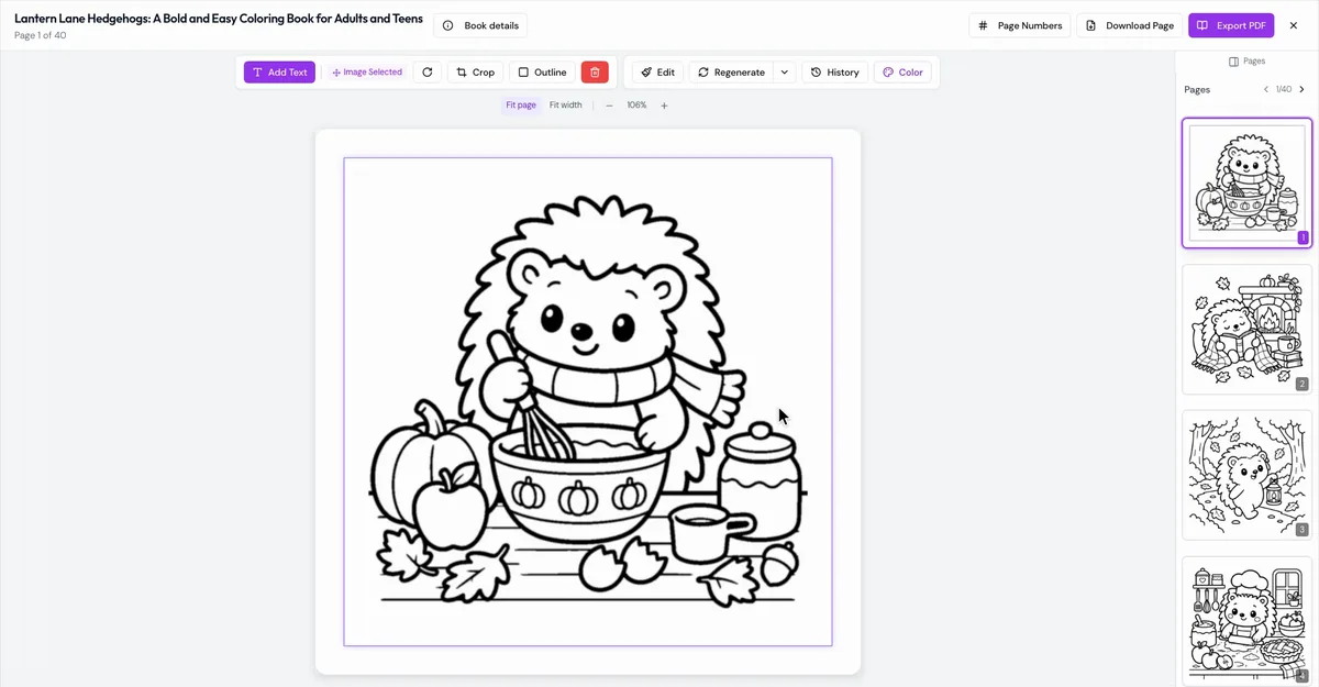 The LitPal coloring book editor open on page 1 of a 40-page hedgehog book, with editing tools above the page and the page list beside it