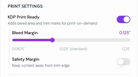 PDF export print settings with KDP Print Ready on and a 0.125-inch bleed margin