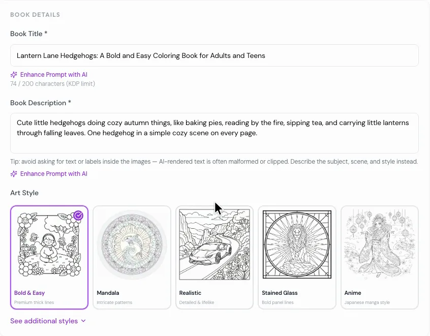 The Create New Coloring Book form with the hedgehog book's title, its theme description and the Bold and Easy art style selected